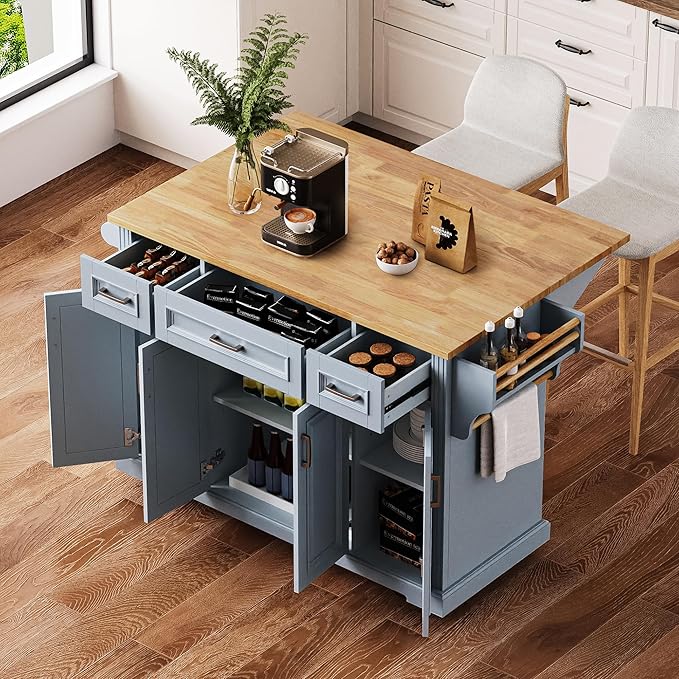Large Kitchen Island with Rubber Wood Top Drop Leaf, 54" Rolling Kitchen Storage Cart on Wheels with Embossed Texture, Door Cabinet, Drawers, Spice Rack & Towel Rack for Dining Room, Grey + Blue