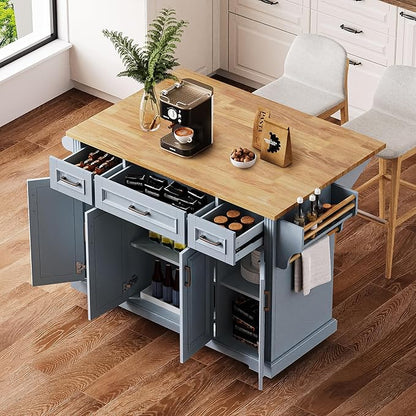 Large Kitchen Island with Rubber Wood Top Drop Leaf, 54" Rolling Kitchen Storage Cart on Wheels with Embossed Texture, Door Cabinet, Drawers, Spice Rack & Towel Rack for Dining Room, Grey + Blue