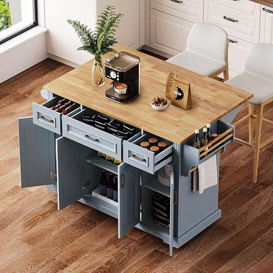 Large Kitchen Island with Rubber Wood Top Drop Leaf, 54" Rolling Kitchen Storage Cart on Wheels with Embossed Texture, Door Cabinet, Drawers, Spice Rack & Towel Rack for Dining Room, Grey + Blue
