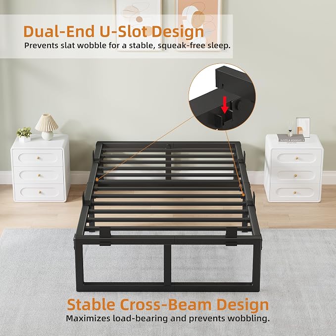 Twin XL Bed Frame, 14 Inch Metal Platform Bed Frames with Squeak Free U-Slot Design, 6 Non-Slip Guards, 3500lbs Heavy Duty Steel Slat Support, No Box Spring Needed, Under Bed Storage, Black