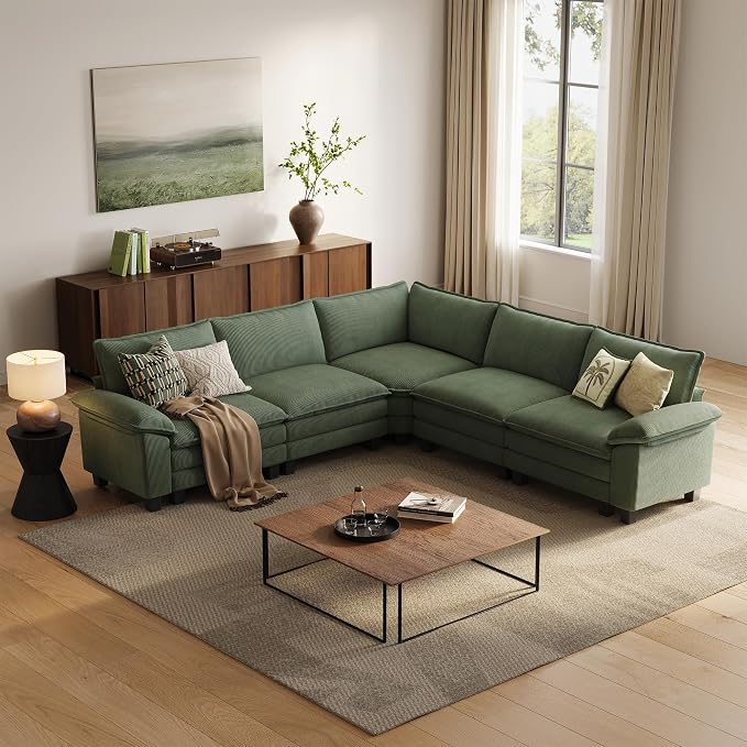 LINSY HOME Modular Sectional Sofa 5 Seat Couch Corduroy Cloud Couch with Deep Seat, Modern V-Shaped Cloud Couch for Living Room, Office, Bedroom, Green