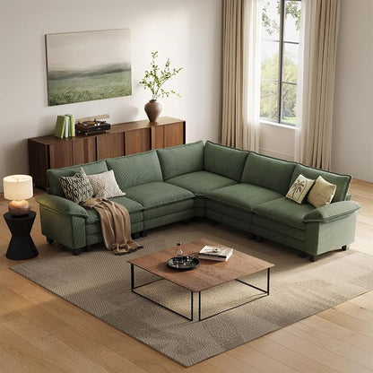 LINSY HOME Modular Sectional Sofa 5 Seat Couch Corduroy Cloud Couch with Deep Seat, Modern V-Shaped Cloud Couch for Living Room, Office, Bedroom, Green
