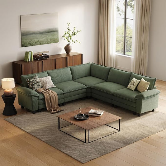 LINSY HOME Modular Sectional Sofa 5 Seat Couch Corduroy Cloud Couch with Deep Seat, Modern V-Shaped Cloud Couch for Living Room, Office, Bedroom, Green