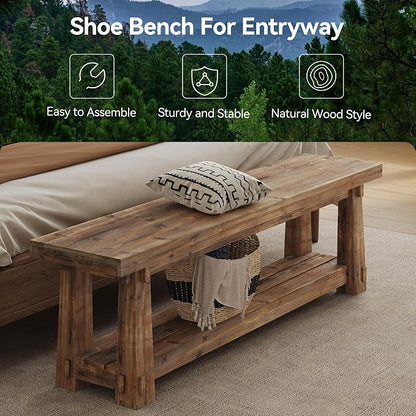 55" Solid Wood Entryway Bench with Shoe Storage, Rustic Charred Wood Grain Foyer Bench with Open Shelf for Hallway, Mudroom, Bedroom, Easy Assembly