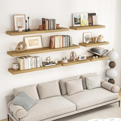 RICHFOCUS 16Inch Floating Shelves for Wall 2 Pack Shelves for Bedroom|Kitchen|Bathroom Wall Mounted Rustic Wood Floating Shelf with Invisible Brackets for Books|Storage|Decor, Oak