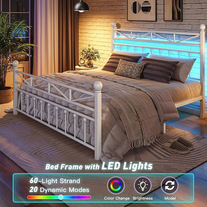 EnHomee Metal King Bed Frame,Tall Headboard & LED Light,Noise-Free,White | Heavy-duty supports 883lbs,12.7"Under-bed storage space for apartment & dorm,No box spring needed,Easy assembly