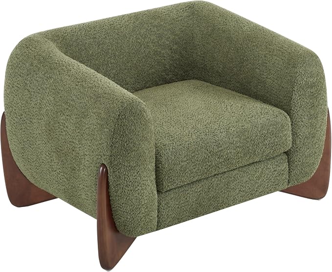 Christopher Knight Home Holly Modern Boucle Fabric Upholstered Club Chair for Living Room, Home Office, Apartment, Relaxing Chair with Removable Cushion and Birch Wood Legs, Olive Green+Walnut