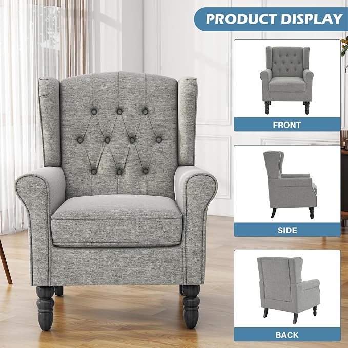 High Back Accent Chair, Fabric Upholstered Armchair Retro Wingback Arm Chair for Living Room, Comfy Single Sofa Bedroom Reading Seat with Solid Wood Legs - Light Gray