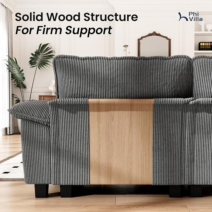 PHI VILLA Cloud Modular Couch Sets, 123.6" Sectional Sofa with L-Shaped Chaise, 4-Seater Upholstered Couches with MCorduroyovable Ottoman for Living Room, Corduroy Fabric, Grey