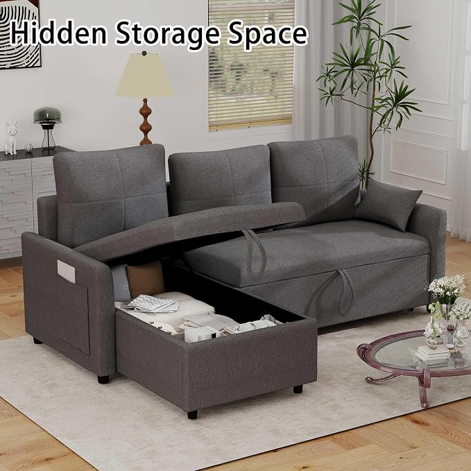 L Shaped Sleeper Sofa Bed with Storage: 81" Grey L Shaped Couch with Pull Out Bed, Queen Size Corner Sectional Couch with Storage Chaise, Convertible Sofa Beds Space Saving
