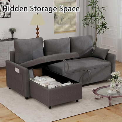L Shaped Sleeper Sofa Bed with Storage: 106" Grey L Shaped Couch with Pull Out Bed, Queen Size Corner Sectional Couch with Storage Chaise, Convertible Sofa Beds Space Saving | Linen