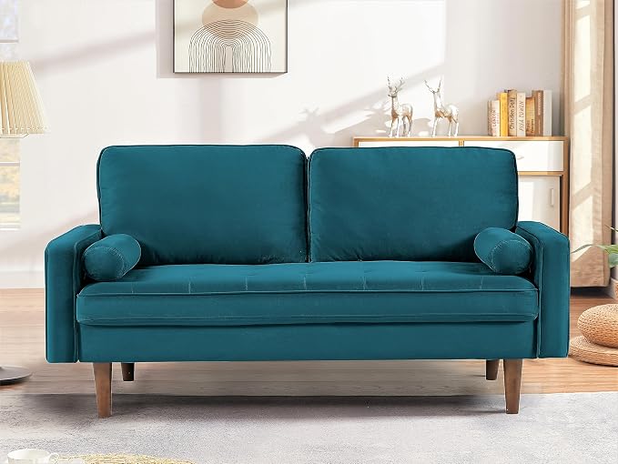 Container Furniture Direct Velvet Tufted Sofas for Living Room, Classic Mid-Century Style with Modern Silhouette, Button Tufting and Wood Legs, Includes 2 Bolster Pillows, Loveseat, Greenish Blue