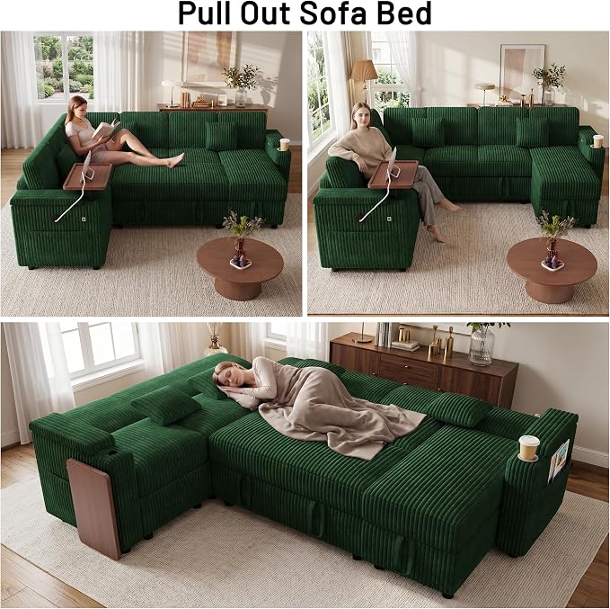 L-Shaped Sectional Sleeper Sofa with Pull Out Bed, Green | Plush Corduroy, Reclining Backrest, Storage Chaise, Usb Ports, Cup Holders & Table – Modular Cloud Couch for Living Room
