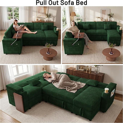 L-Shaped Sectional Sleeper Sofa with Pull Out Bed, Green | Plush Corduroy, Reclining Backrest, Storage Chaise, Usb Ports, Cup Holders & Table – Modular Cloud Couch for Living Room