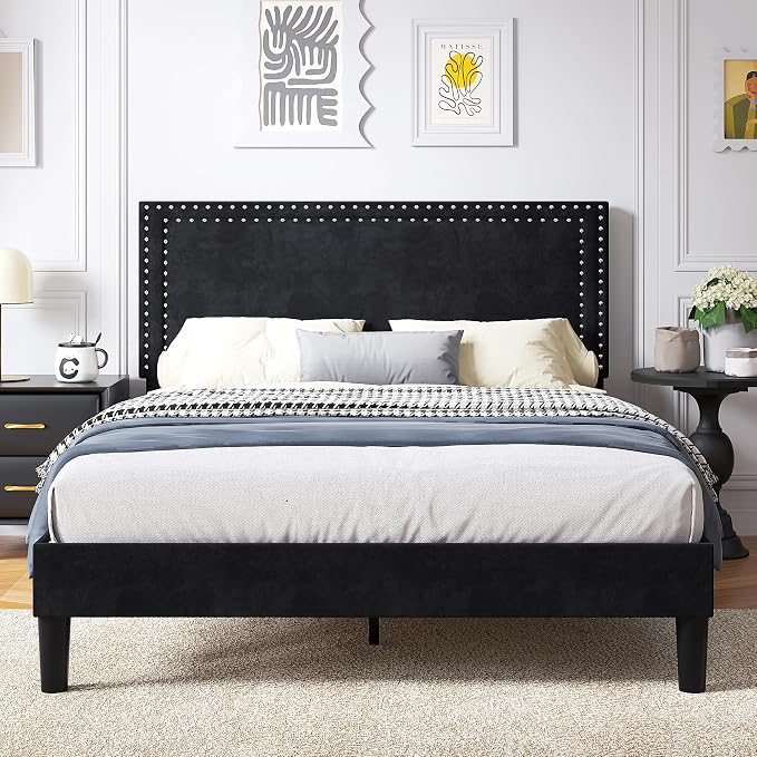 VECELO Full Size Platform Bed Frame with Height Adjustable Upholstered Headboard, Modern Mattress Foundation,Strong Wood Slat Support, No Box Spring Needed, Easy Assembly,Black