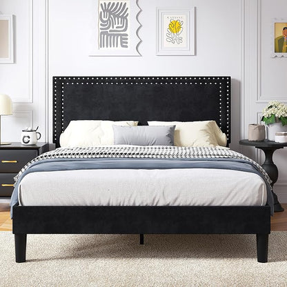 VECELO Full Size Platform Bed Frame with Height Adjustable Upholstered Headboard, Modern Mattress Foundation,Strong Wood Slat Support, No Box Spring Needed, Easy Assembly,Black