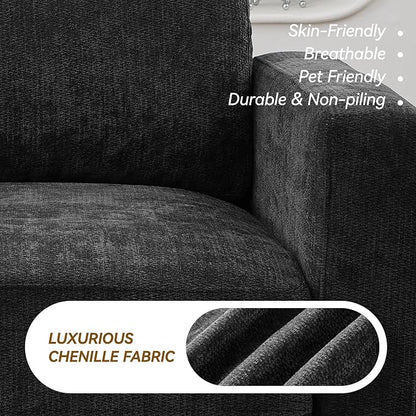 44.2" Chenille Oversized Chair with Movable Ottoman, Modular 1 Seat Couch with Thickened Cushions, Modern Single Sofa Chaise Lounge Reading Chair for Living Room, Small Apartment, Black