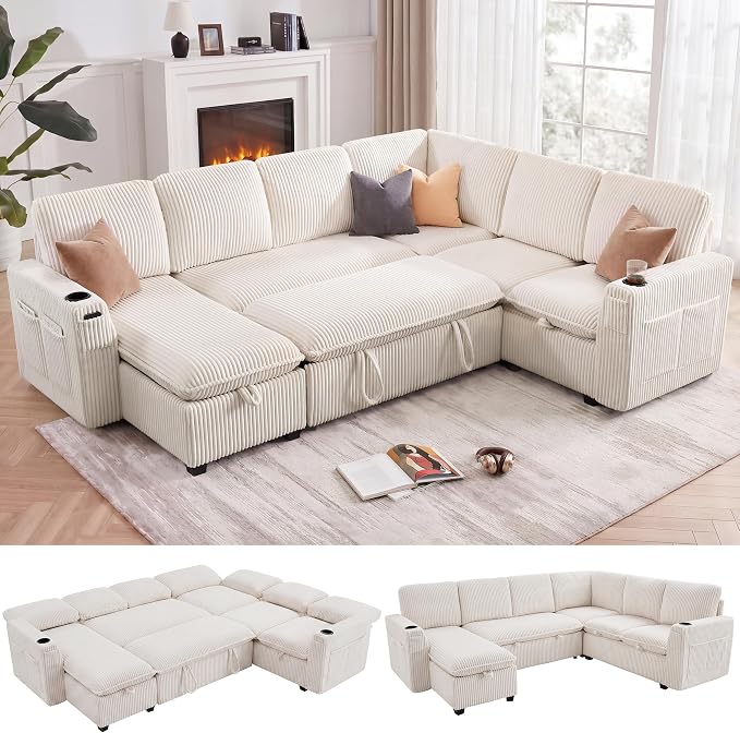 Sectional Sleeper Sofa with Pull Out Bed, Plush Corduroy 7 Seat Modular Sectional Sofa with Storage Chaise and Adjustable Backrest, Cloud Couches for Living Room, Apartment, Beige
