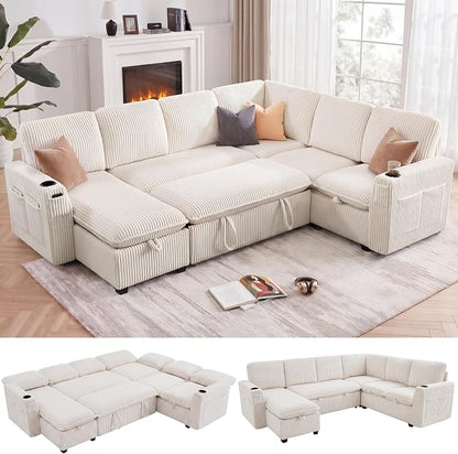 Sectional Sleeper Sofa with Pull Out Bed, Plush Corduroy 7 Seat Modular Sectional Sofa with Storage Chaise and Adjustable Backrest, Cloud Couches for Living Room, Apartment, Beige
