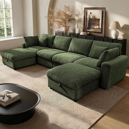 Ihanherry 141" Oversized Cloud Sectional Couches for Living Room, Modular Sectional Sofa with Wide Deep Seat, U Shaped Couch with Throw Pillow and Storage Ottoman, Green