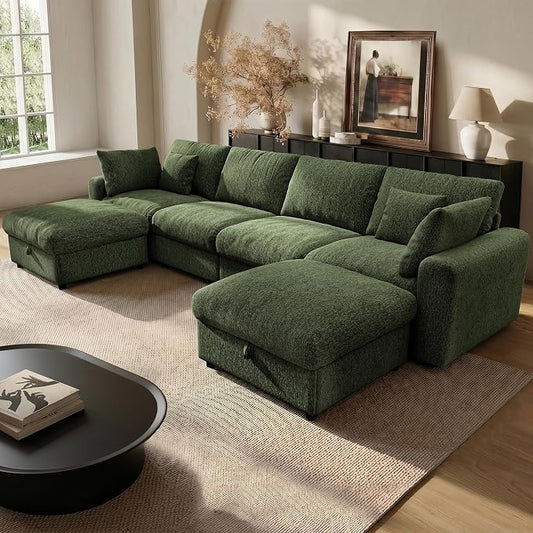 Ihanherry 141" Oversized Cloud Sectional Couches for Living Room, Modular Sectional Sofa with Wide Deep Seat, U Shaped Couch with Throw Pillow and Storage Ottoman, Green
