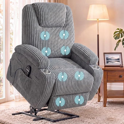 Flamaker Power Lift Chair Massage Recliner Chairs for Elderly, Corduroy Ergonomic Design with Cup Holders & Side Pockets, Remote Control (Dark Gray)