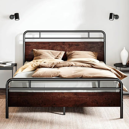 SHA CERLIN Queen Size Bed Frame with Wooden Headboard and Footboard, Rounded Corner Metal Structure, Heavy Duty Slats with Under-Bed Storage, No Box Spring Needed, Mahogany