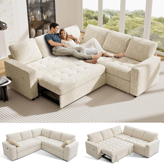 Vipbear 5 Seat L Shaped Modular Sectional Sleeper Sofa Bed with Pull Out Bed/Reclining Backrest/USB Ports/Storage Seat, Sectional Sleeper Couch, Tool-Free Assembly, Chenille Beige