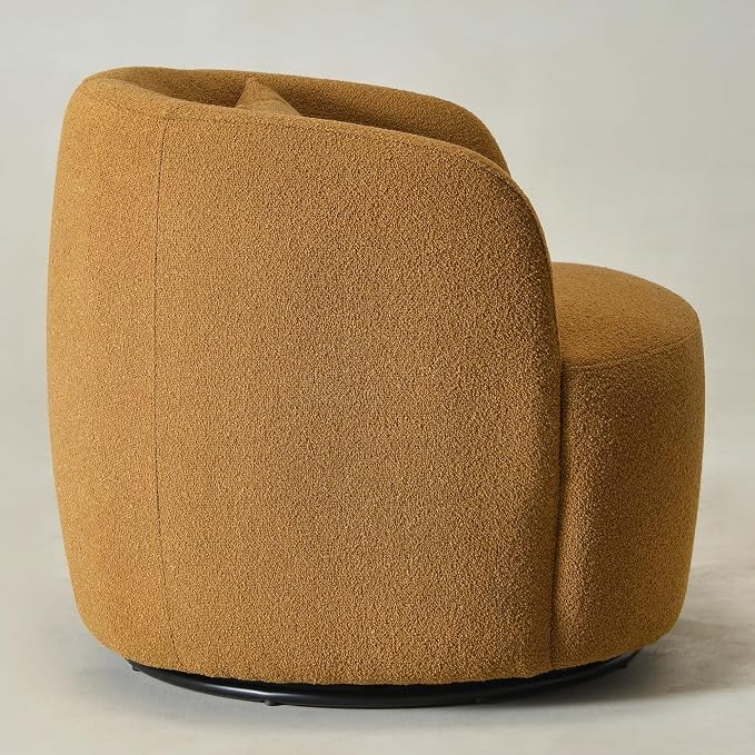 KINWELL 34" Wide Boucle Swivel Barrel Chair, No Assembly Round Upholstered Armchair Accent Chair Single Sofa Chair with Toss Pillow for Living Room and Bedroom, Brown