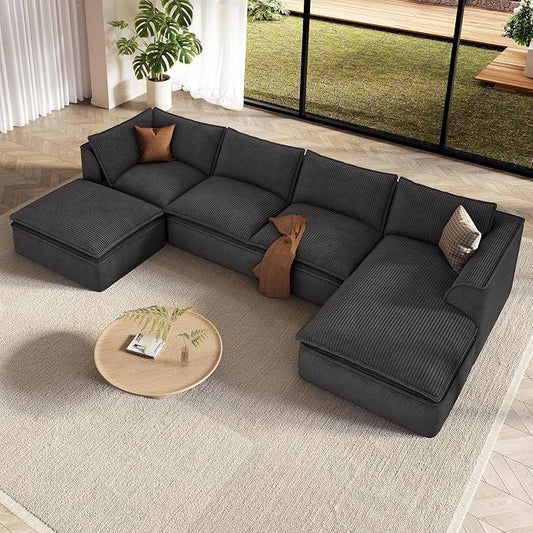 Vesgantti 141.7" U Shaped Boneless Sectional Couch, Modern 6 Seater Modular Sofa with Chaise & Ottoman, Deep Seat Convertible Corduroy Cloud Couches for Living Room, No Assembly Required, Black