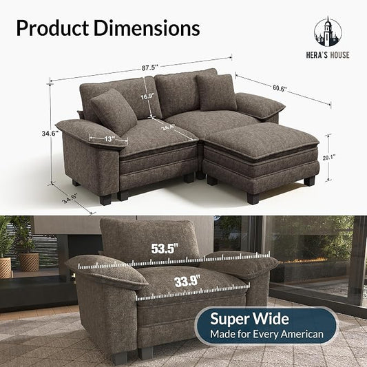 HERA'S HOUSE 88" Modular Sectional Sofa, L Shaped Couches for Living Room, Comfy Cloud Couch with Ottoman, 3-Seater Deep Seat Sofa with Throw Pillow, Chenille Ash