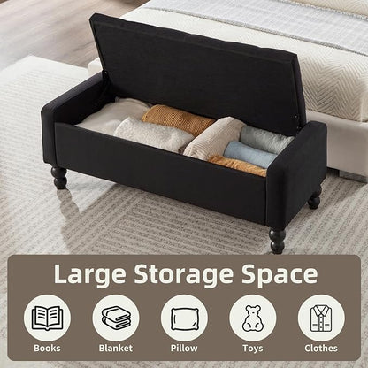 50" W Storage Ottoman Bench with Safety Hinge, Load up to 660 lb Ottoman with Storage, Upholstered Tufted Entryway Bench with Seating for Living Room, Bedroom, Entryway, Black