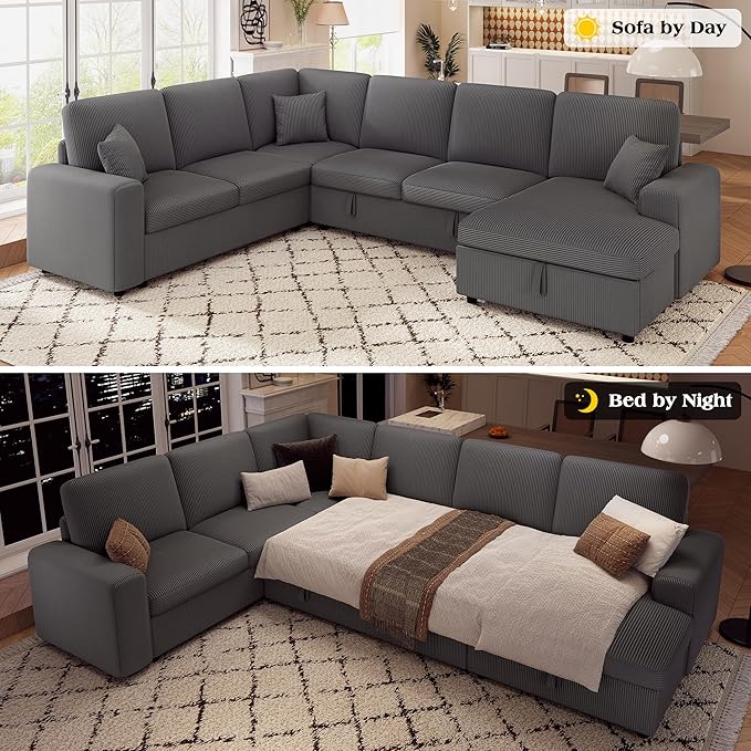 VanAcc 130" Sofa Bed, Sectional Sleeper Sofa with Pull Out Bed, Sleeper Couch for Living Room, 6 Seater Couch with Storage, Corduroy Grey