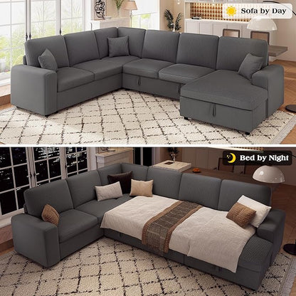 VanAcc 130" Sofa Bed, Sectional Sleeper Sofa with Pull Out Bed, Sleeper Couch for Living Room, 6 Seater Couch with Storage, Corduroy Grey