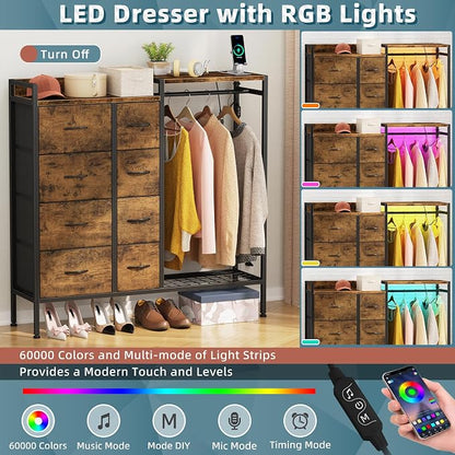 HIGDBFE Dresser with Hanging Rack, 8-Drawer Dresser for Bedroom with Charging Station & LED Lights, Fabric Dressers with Shoe Rack, Rustic Brown, 11.8" D x 42" W x 42.7" H (8 Drawers)