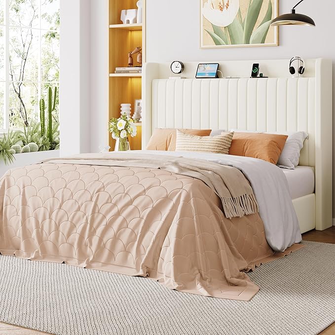 Allewie Queen Size Lift Up Storage Bed Frame,Storage Shelf Headboard with Charging Station,Type-C and USB Ports,Hydraulic Support,Velvet Upholstered Bed Frame,No Box Spring Needed,Cream