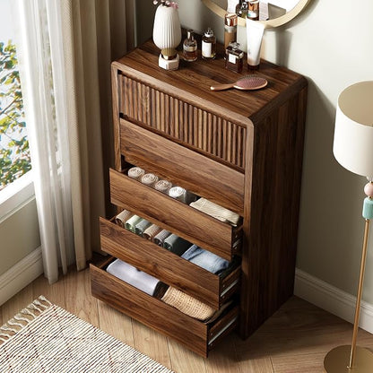 LYNSOM 5 Drawer Dresser for Bedroom, 48" Tall Fluted Dresser with Curved Corners, Wood Dressers & Chests of Drawers with Dual-Panel Design for Bedroom, Entryway, Walnut