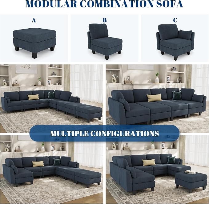 Sectional Sleeper Sofa, 8 Seaters Modular Sleeper Sofa Couch, Comfy Sectionals Couches Bed, Convertible Sofas with Ottomans, Modular Sectional Couches for Living Room, Blue