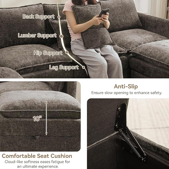 105" Brown Modular Storage Sofa, U Shaped Chenille Couch with 2 Ottomans | Oversized Convertible Sectional Sofa, 6-Seat Sectional Couch With 2 Ottomans, Large Cloud Couch For Living Room, Apartment.