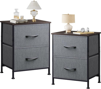 WLIVE Night Stand Set 2, Dresser and Nightstand Sets, Small Dresser for Bedroom with 2 Drawers, End Table with Fabric Bins for Closet, Bedside Furniture, College Dorm, Dark Grey