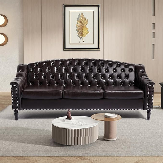 LEVNARY Mid-Century Modern Leather Couch, 80" Large Upholstered Sofa with High Back, Chesterfield Sofa Sleeper Settee with Solid Wood Legs, Tufted 3 Seater Wide Couches for Living Room Office (Brown)
