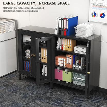 Metal Bathroom Glass Storage Cabinet with 2 Doors & Adjustable Shelves, 25" Black Multipurpose Office Cabinet for Dining Room, Kitchen