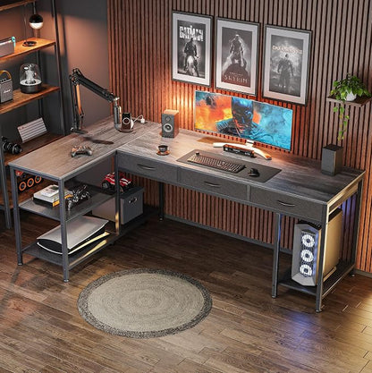 PRAISUN 63 Inch L Shaped Office Desk with Power Outlets and Type-C Port, Large Computer Gaming Desk with 3 Fabric Drawers, Mesh Shelves, Corner Study Work Writing Desk, Grey