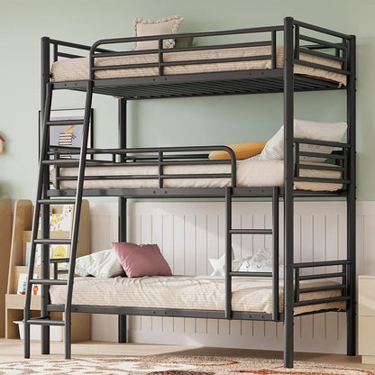Metal Triple Bunk Bed,Twin Over Twin Bunk Bed for 3, 3 Beds with Guardrail & Ladder, Heavy Duty Triple Bed Frame for Kids Teenagers/Adults, Converts to 3 Separate Twin Beds, No Box Spring Needed