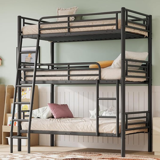 Metal Triple Bunk Bed,Twin Over Twin Bunk Bed for 3, 3 Beds with Guardrail & Ladder, Heavy Duty Triple Bed Frame for Kids Teenagers/Adults, Converts to 3 Separate Twin Beds, No Box Spring Needed