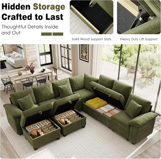 Ihanherry 108" Modular Sectional Sofa with Pull Out Bed, 9-Seater U Shaped Sectional Sleeper Couch with Storage, Chenille Convertible Couches for Living Room, Apartment (Green)