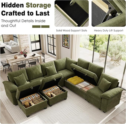 Ihanherry 108" Modular Sectional Sofa with Pull Out Bed, 9-Seater U Shaped Sectional Sleeper Couch with Storage, Chenille Convertible Couches for Living Room, Apartment (Green)