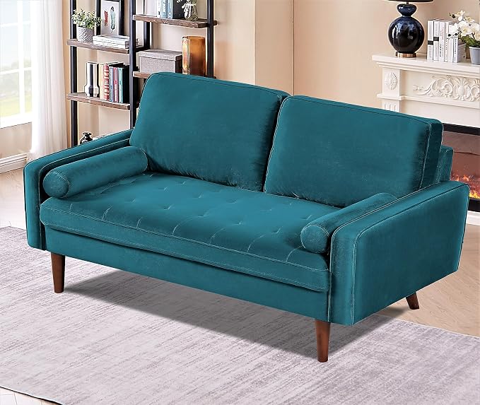 Container Furniture Direct Velvet Tufted Sofas for Living Room, Classic Mid-Century Style with Modern Silhouette, Button Tufting and Wood Legs, Includes 2 Bolster Pillows, Loveseat, Greenish Blue