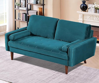 Container Furniture Direct Velvet Tufted Sofas for Living Room, Classic Mid-Century Style with Modern Silhouette, Button Tufting and Wood Legs, Includes 2 Bolster Pillows, Loveseat, Greenish Blue