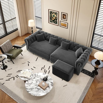 89'' Pull Out Sofa Bed King, Chesterfield Velvet Sleeper Sofa, Convertible L-Shaped Futon Couch, Tufted Back, 4 Pillows, Ottoman, Deep Seat Loveseat Couches for Living Room, Apartment, Gray